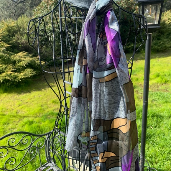 Picasso print silky long sheer scarf in shades of blue on black,HP25 - Picture 13 of 14